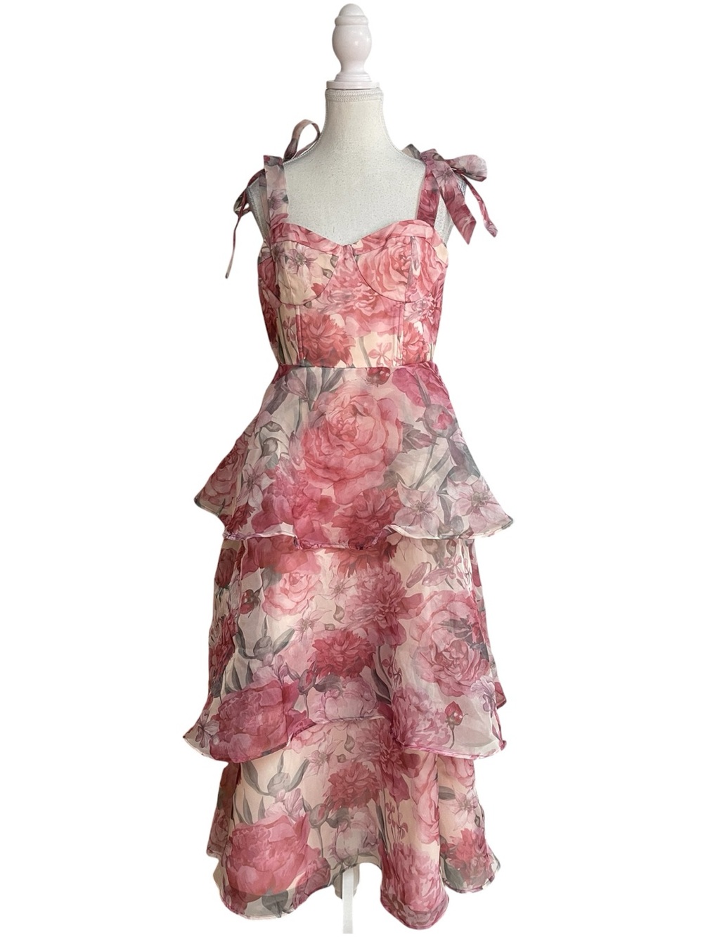 Lulus Playfully Posh Tie-Strap Tiered Midi Organza Dress Blush Pink Floral